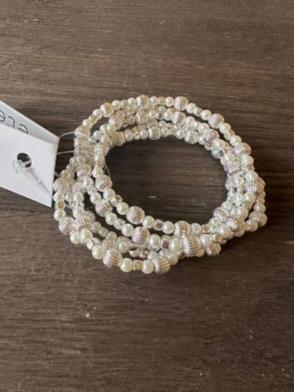 Set of silver and pearl stretch bead bracelets - new